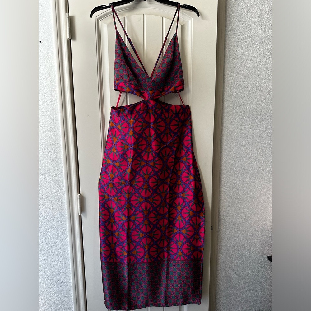 Fuchsia & Navy Patterned Cutout Slip Dress